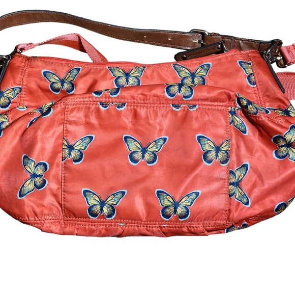 Franco Sarto Orange Butterfly Nylon Crossbody Shoulder Messenger Bag 14"X10"X6" - Picture 3 of 10